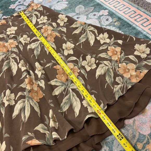 Vintage Silk Maxi A-Line Skirt Womens Sz 8 Brown cream Floral Lined Midi Flowy - Picture 12 of 16
